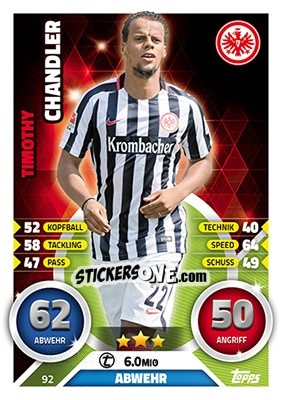 Sticker Timothy Chandler - German Fussball Bundesliga 2016-2017. Match Attax - Topps