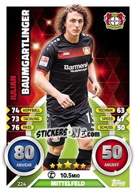 Sticker Julian Baumgartlinger - German Fussball Bundesliga 2016-2017. Match Attax - Topps