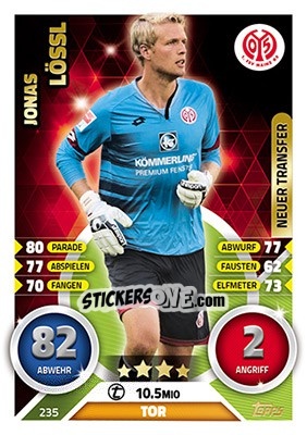 Sticker Jonas Lössl - German Fussball Bundesliga 2016-2017. Match Attax - Topps