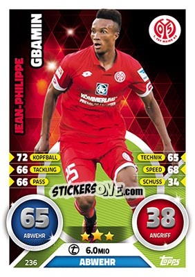 Sticker Jean-Philippe Gbamin - German Fussball Bundesliga 2016-2017. Match Attax - Topps