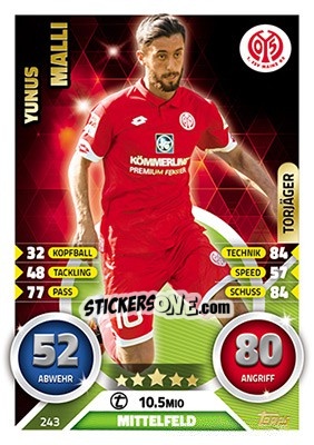 Sticker Yunus Malli - German Fussball Bundesliga 2016-2017. Match Attax - Topps