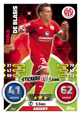 Sticker Pablo De Blasis - German Fussball Bundesliga 2016-2017. Match Attax - Topps