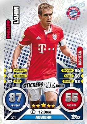 Sticker Philipp Lahm - German Fussball Bundesliga 2016-2017. Match Attax - Topps