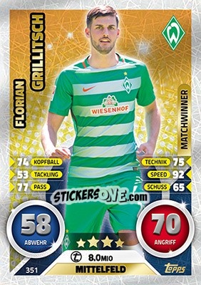 Figurina Florian Grillitsch - German Fussball Bundesliga 2016-2017. Match Attax - Topps