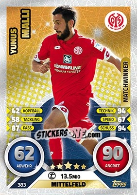 Sticker Yunus Malli - German Fussball Bundesliga 2016-2017. Match Attax - Topps