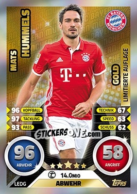 Cromo Mats Hummels - German Fussball Bundesliga 2016-2017. Match Attax - Topps