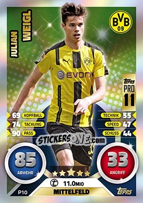 Sticker Julian Weigl - German Fussball Bundesliga 2016-2017. Match Attax - Topps