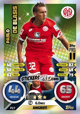 Figurina Pablo De Blasis - German Fussball Bundesliga 2016-2017. Match Attax - Topps