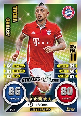 Sticker Arturo Vidal - German Fussball Bundesliga 2016-2017. Match Attax - Topps