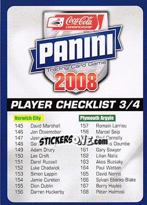 Sticker Checklist - Coca-Cola Championship 2007-2008 - Panini