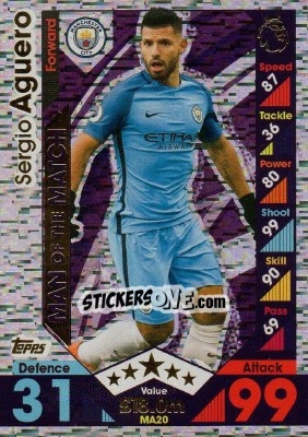 Sticker Sergio Aguero - English Premier League 2016-2017. Match Attax Extra n. MA20 - Topps