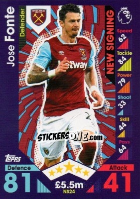 Sticker Jose Fonte - English Premier League 2016-2017. Match Attax Extra n. NS24 - Topps