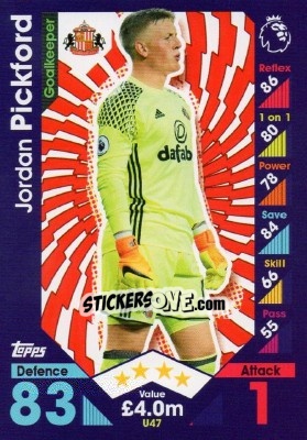 Sticker Jordan Pickford - English Premier League 2016-2017. Match Attax Extra n. U47 - Topps