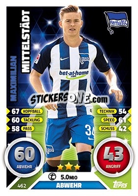 Sticker Maximilian Mittelstädt - German Fussball Bundesliga 2016-2017. Match Attax Extra n. 462 - Topps