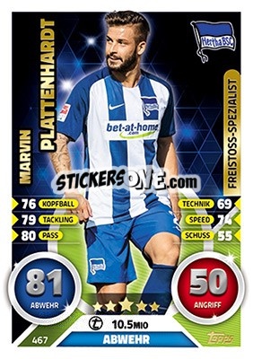 Sticker Marvin Plattenhardt - German Fussball Bundesliga 2016-2017. Match Attax Extra n. 467 - Topps