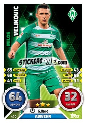 Sticker Miloš Veljkovic - German Fussball Bundesliga 2016-2017. Match Attax Extra - Topps