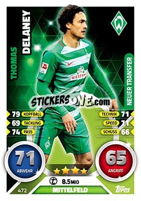 Sticker Thomas Delaney - German Fussball Bundesliga 2016-2017. Match Attax Extra n. 472 - Topps