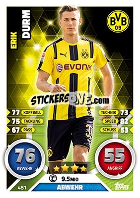 Sticker Erik Durm - German Fussball Bundesliga 2016-2017. Match Attax Extra n. 481 - Topps