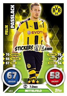 Sticker Felix Passlack - German Fussball Bundesliga 2016-2017. Match Attax Extra n. 483 - Topps