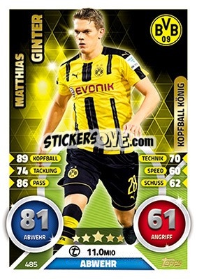 Sticker Matthias Ginter - German Fussball Bundesliga 2016-2017. Match Attax Extra n. 485 - Topps