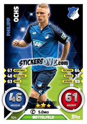 Sticker Philipp Ochs - German Fussball Bundesliga 2016-2017. Match Attax Extra n. 504 - Topps