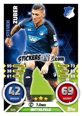 Sticker Steven Zuber - German Fussball Bundesliga 2016-2017. Match Attax Extra n. 505 - Topps