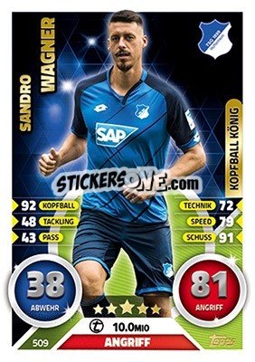 Sticker Sandro Wagner - German Fussball Bundesliga 2016-2017. Match Attax Extra n. 509 - Topps