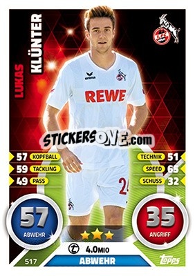 Sticker Lukas Klünter - German Fussball Bundesliga 2016-2017. Match Attax Extra n. 517 - Topps