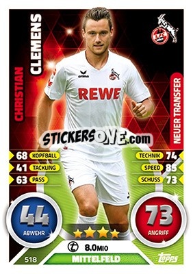 Sticker Christian Clemens - German Fussball Bundesliga 2016-2017. Match Attax Extra n. 518 - Topps