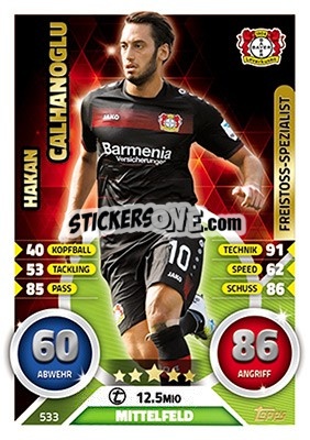Sticker Hakan Calhanoglu - German Fussball Bundesliga 2016-2017. Match Attax Extra n. 533 - Topps