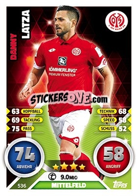 Sticker Danny Latza - German Fussball Bundesliga 2016-2017. Match Attax Extra n. 536 - Topps