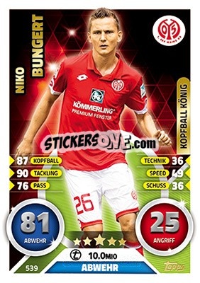 Sticker Niko Bungert - German Fussball Bundesliga 2016-2017. Match Attax Extra n. 539 - Topps