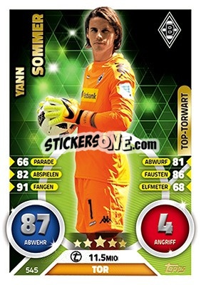 Sticker Yann Sommer - German Fussball Bundesliga 2016-2017. Match Attax Extra n. 545 - Topps