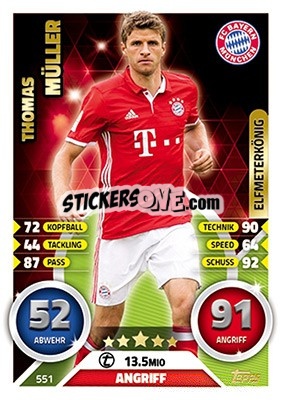Sticker Thomas Müller - German Fussball Bundesliga 2016-2017. Match Attax Extra n. 551 - Topps