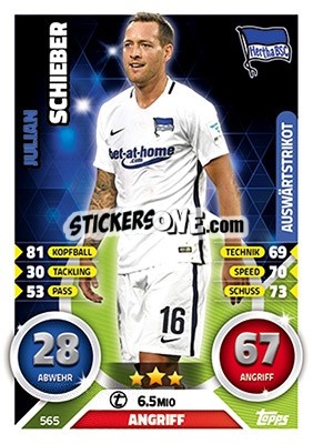 Sticker Julian Schieber - German Fussball Bundesliga 2016-2017. Match Attax Extra n. 565 - Topps