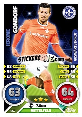 Sticker Jérôme Gondorf - German Fussball Bundesliga 2016-2017. Match Attax Extra n. 567 - Topps