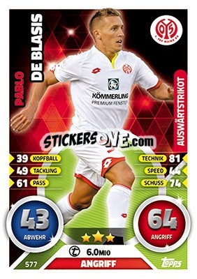 Sticker Pablo De Blasis - German Fussball Bundesliga 2016-2017. Match Attax Extra n. 577 - Topps