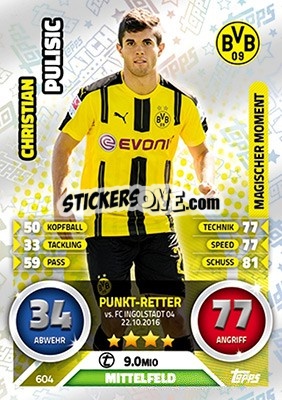 Sticker Christian Pulisic - German Fussball Bundesliga 2016-2017. Match Attax Extra n. 604 - Topps