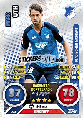 Sticker Mark Uth - German Fussball Bundesliga 2016-2017. Match Attax Extra n. 608 - Topps