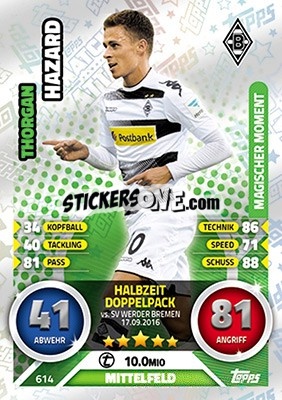 Sticker Thorgan Hazard - German Fussball Bundesliga 2016-2017. Match Attax Extra - Topps