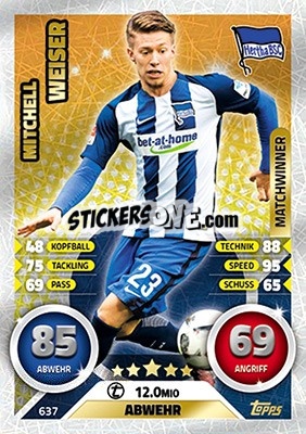 Sticker Mitchell Weiser - German Fussball Bundesliga 2016-2017. Match Attax Extra n. 637 - Topps