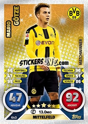 Sticker Mario Götze - German Fussball Bundesliga 2016-2017. Match Attax Extra n. 640 - Topps