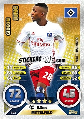 Sticker Gideon Jung - German Fussball Bundesliga 2016-2017. Match Attax Extra n. 643 - Topps
