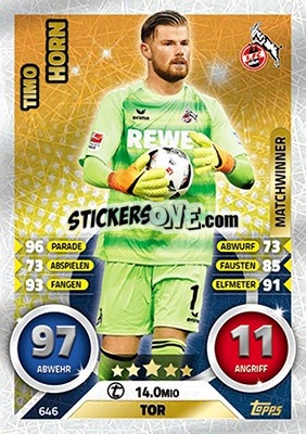 Sticker Timo Horn - German Fussball Bundesliga 2016-2017. Match Attax Extra n. 646 - Topps
