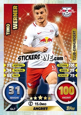 Sticker Timo Werner - German Fussball Bundesliga 2016-2017. Match Attax Extra n. 647 - Topps