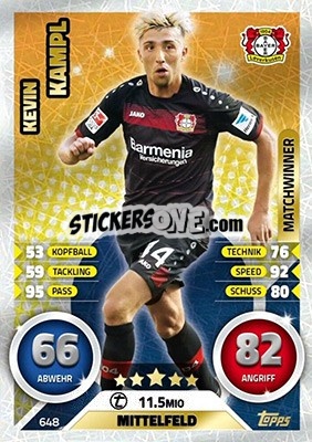 Sticker Kevin Kampl - German Fussball Bundesliga 2016-2017. Match Attax Extra n. 648 - Topps