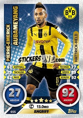 Sticker Pierre-Emerick Aubameyang - German Fussball Bundesliga 2016-2017. Match Attax Extra n. 655 - Topps