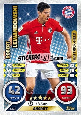 Sticker Robert Lewandowski - German Fussball Bundesliga 2016-2017. Match Attax Extra n. 660 - Topps