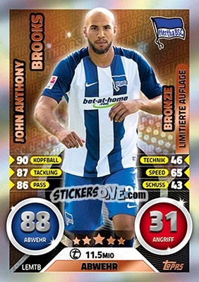 Sticker John Anthony Brooks - German Fussball Bundesliga 2016-2017. Match Attax Extra n. LEMTB - Topps