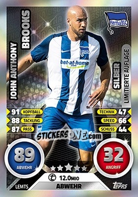Sticker John Anthony Brooks - German Fussball Bundesliga 2016-2017. Match Attax Extra n. LEMTS - Topps